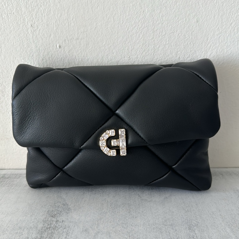 Cole Haan Crystal Quilt Leather Clutch Crossbody Black W Chain Strap - Picture 5 of 13